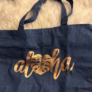 Denim Tote Bag with Metallic 'Aloha' Script